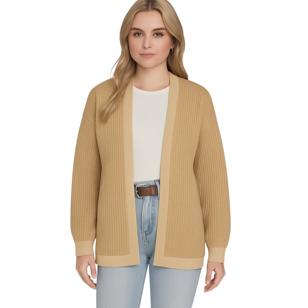 Ladies Italian edge to edge knitted cardigan in beige with gold trim, soft ribbed knit open front cardigan for women, stylish lightweight layering knitwear.
